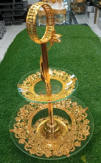 Two-Three tier golden serving stand with glass plates
